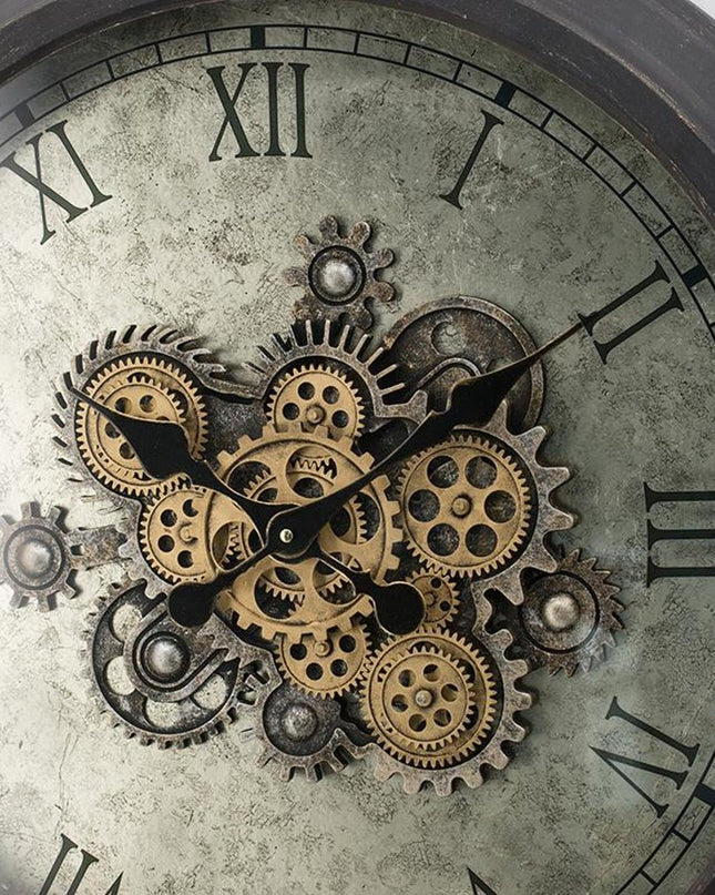 28" Circle Black and Gray Wood and Glass Analog Exposed Gear Wall Clock