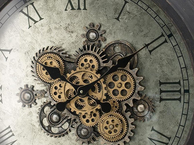 28" Circle Black and Gray Wood and Glass Analog Exposed Gear Wall Clock