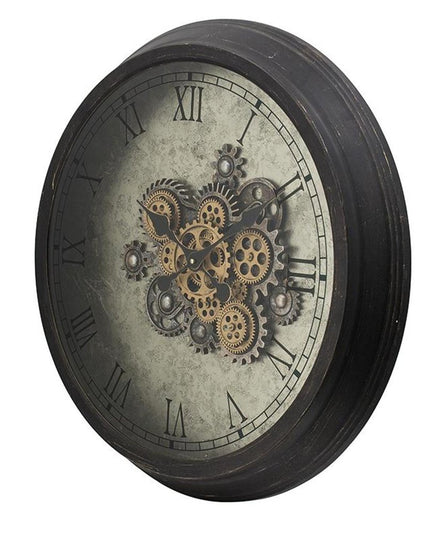 28" Circle Black and Gray Wood and Glass Analog Exposed Gear Wall Clock