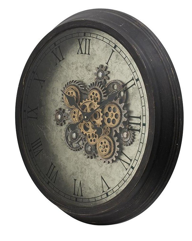 28" Circle Black and Gray Wood and Glass Analog Exposed Gear Wall Clock