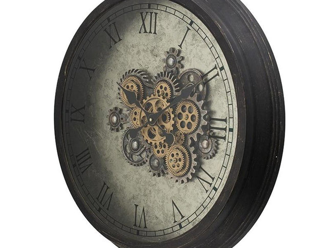 28" Circle Black and Gray Wood and Glass Analog Exposed Gear Wall Clock