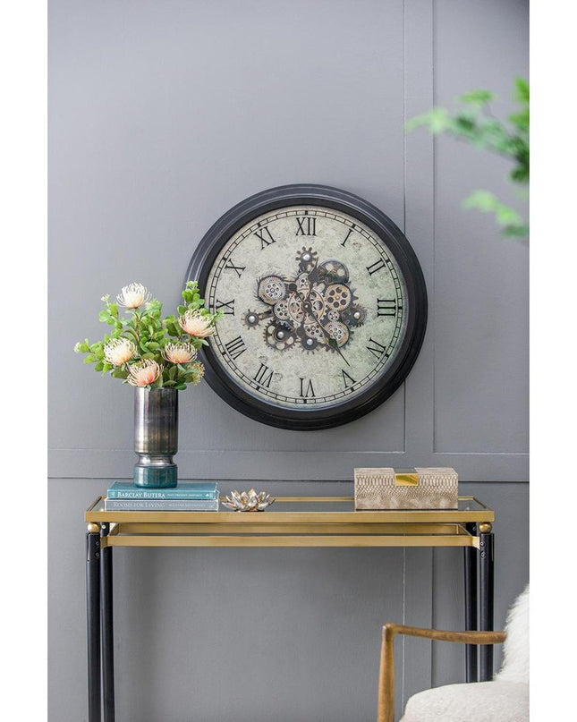 28" Circle Black and Gray Wood and Glass Analog Exposed Gear Wall Clock