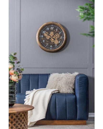 21" Circle Black and Gold Wood and Glass Analog Exposed Gear Wall Clock