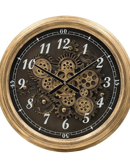 21" Circle Black and Gold Wood and Glass Analog Exposed Gear Wall Clock