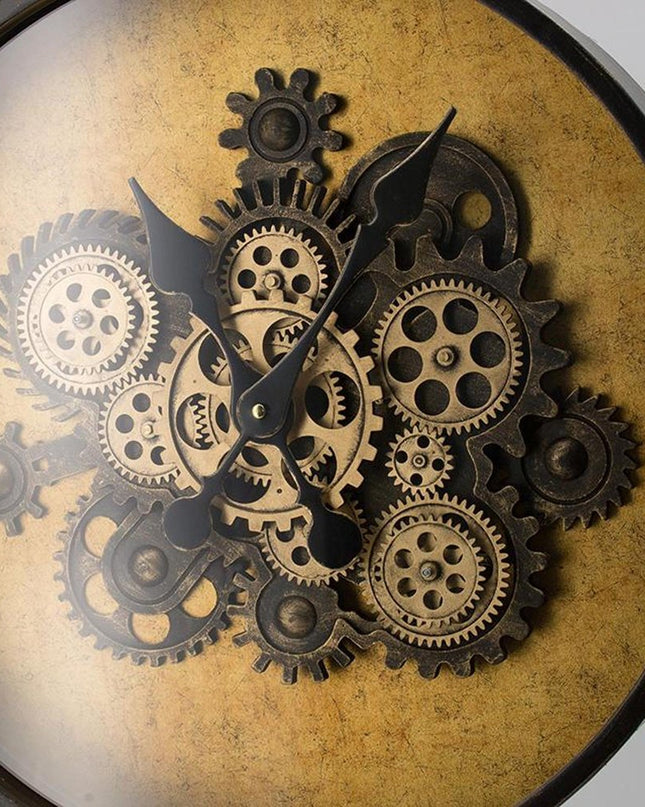 21" Circle Black and Gold Wood and Glass Analog Exposed Gear Wall Clock