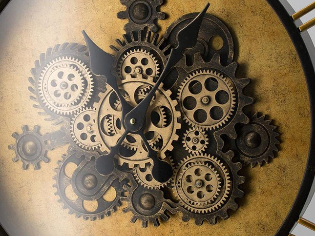 21" Circle Black and Gold Wood and Glass Analog Exposed Gear Wall Clock