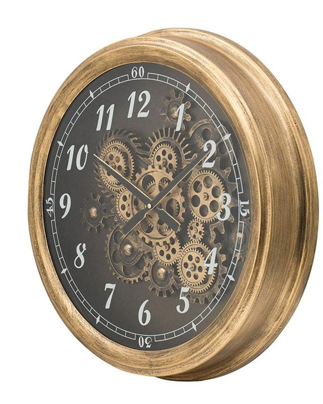 21" Circle Black and Gold Wood and Glass Analog Exposed Gear Wall Clock