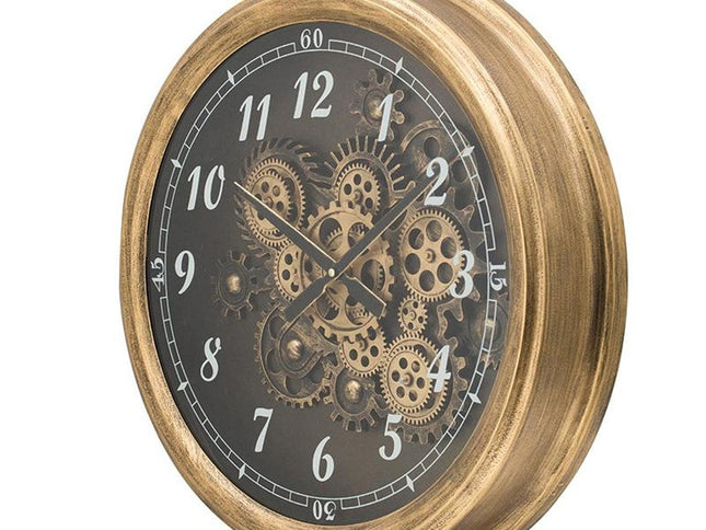 21" Circle Black and Gold Wood and Glass Analog Exposed Gear Wall Clock