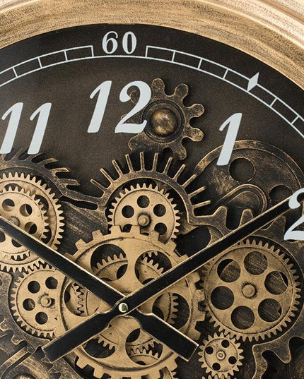 21" Circle Black and Gold Wood and Glass Analog Exposed Gear Wall Clock