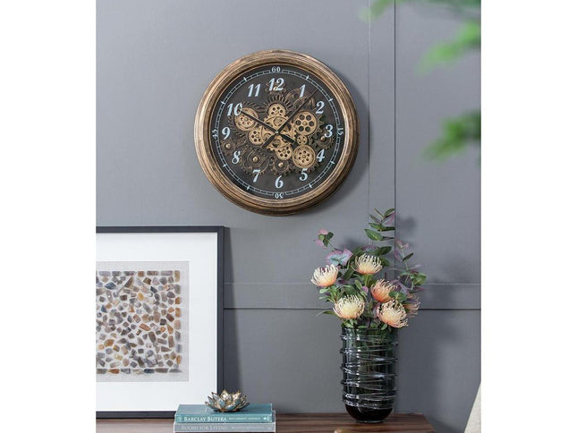 21" Circle Black and Gold Wood and Glass Analog Exposed Gear Wall Clock