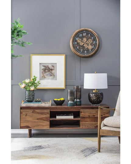 21" Circle Black and Gold Wood and Glass Analog Exposed Gear Wall Clock