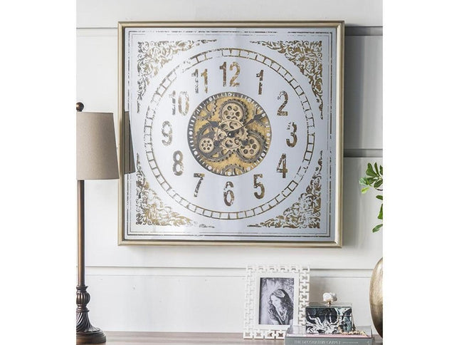 32" Square Gold and Silver Wood and Mirror Analog Exposed Gear Wall Clock