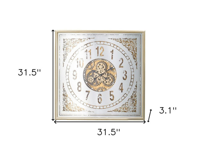 32" Square Gold and Silver Wood and Mirror Analog Exposed Gear Wall Clock