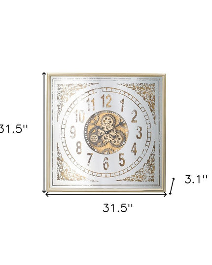 32" Square Gold and Silver Wood and Mirror Analog Exposed Gear Wall Clock