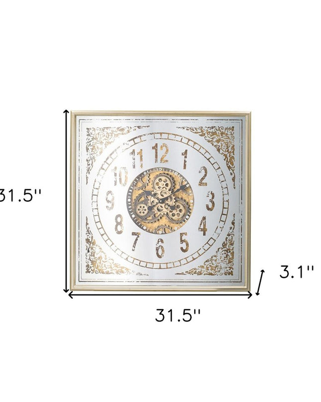 32" Square Gold and Silver Wood and Mirror Analog Exposed Gear Wall Clock