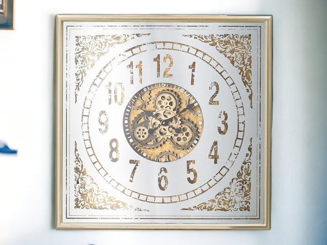 32" Square Gold and Silver Wood and Mirror Analog Exposed Gear Wall Clock