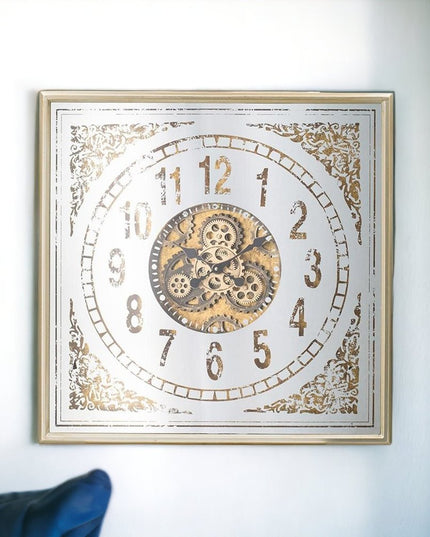 32" Square Gold and Silver Wood and Mirror Analog Exposed Gear Wall Clock