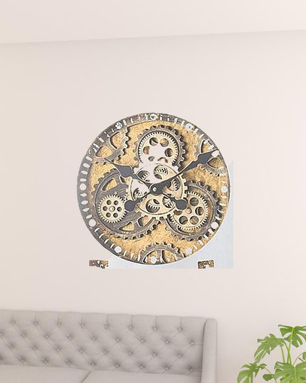 32" Square Gold and Silver Wood and Mirror Analog Exposed Gear Wall Clock