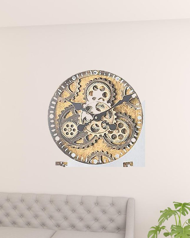 32" Square Gold and Silver Wood and Mirror Analog Exposed Gear Wall Clock