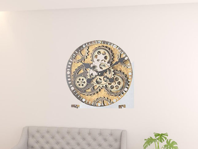 32" Square Gold and Silver Wood and Mirror Analog Exposed Gear Wall Clock