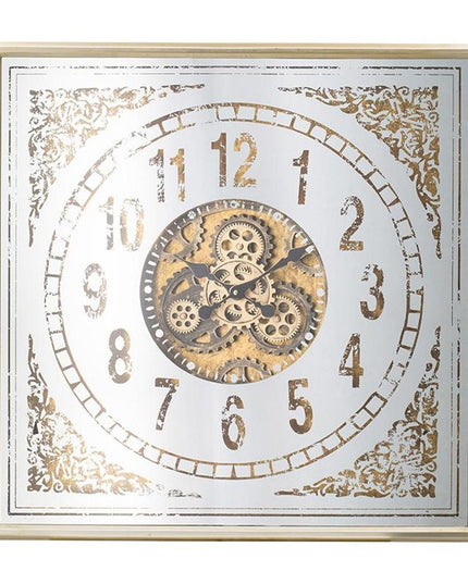 32" Square Gold and Silver Wood and Mirror Analog Exposed Gear Wall Clock