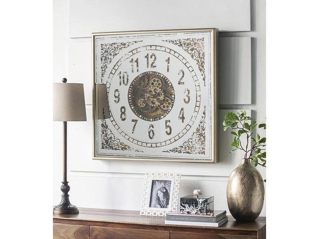 32" Square Gold and Silver Wood and Mirror Analog Exposed Gear Wall Clock