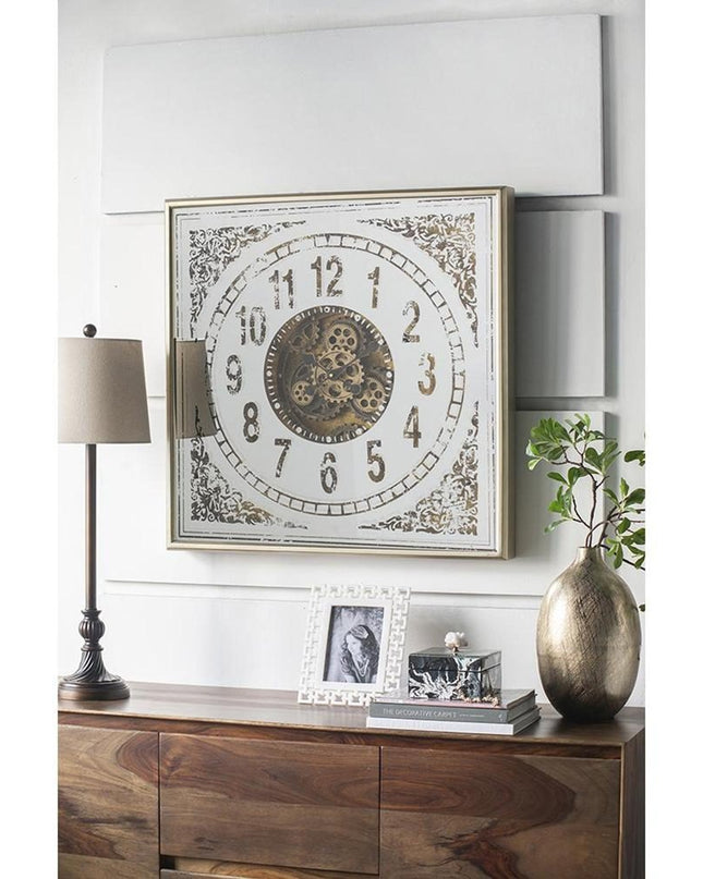 32" Square Gold and Silver Wood and Mirror Analog Exposed Gear Wall Clock