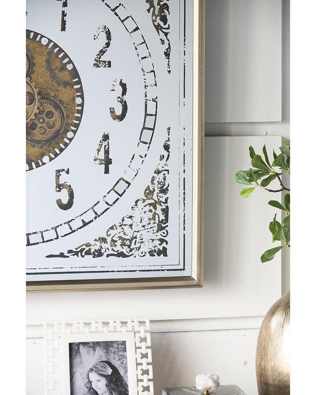 32" Square Gold and Silver Wood and Mirror Analog Exposed Gear Wall Clock