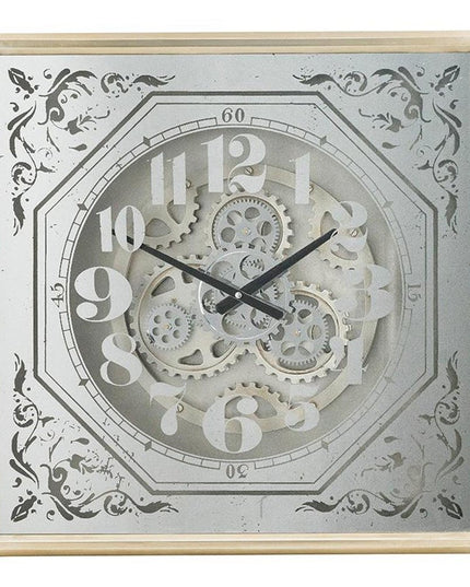24" Square Gold and Silver Wood and Mirror Exposed Gear Wall Clock