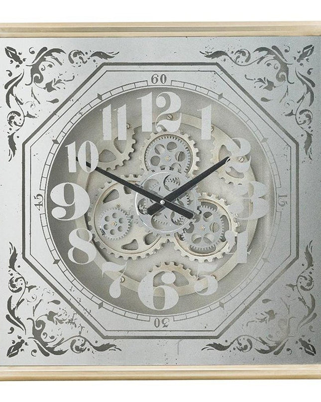 24" Square Gold and Silver Wood and Mirror Exposed Gear Wall Clock