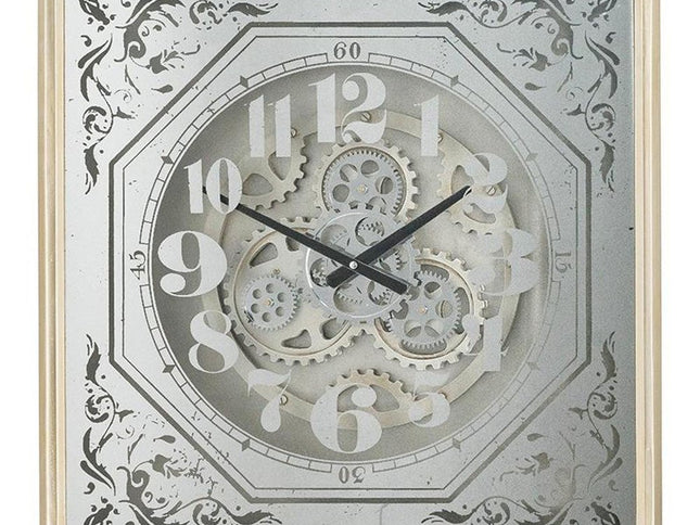 24" Square Gold and Silver Wood and Mirror Exposed Gear Wall Clock