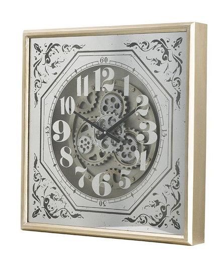 24" Square Gold and Silver Wood and Mirror Exposed Gear Wall Clock