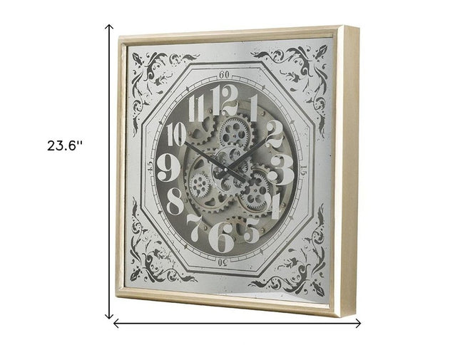 24" Square Gold and Silver Wood and Mirror Exposed Gear Wall Clock