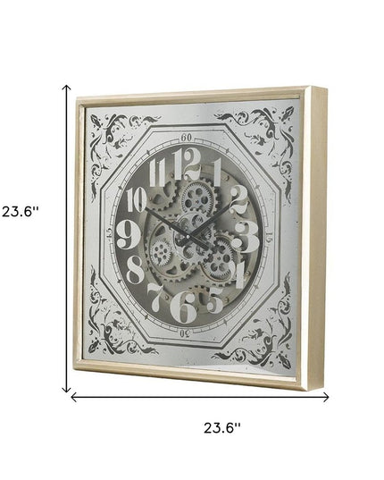 24" Square Gold and Silver Wood and Mirror Exposed Gear Wall Clock