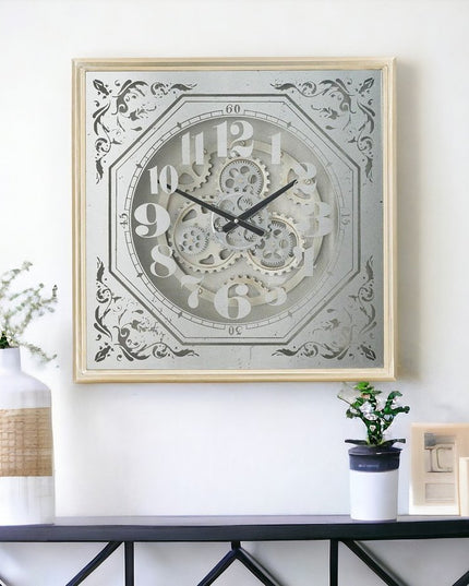 24" Square Gold and Silver Wood and Mirror Exposed Gear Wall Clock