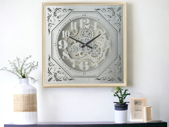 24" Square Gold and Silver Wood and Mirror Exposed Gear Wall Clock