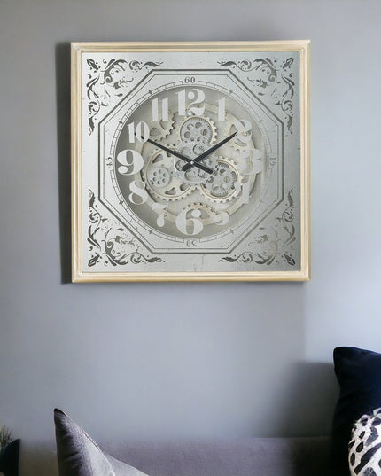 24" Square Gold and Silver Wood and Mirror Exposed Gear Wall Clock