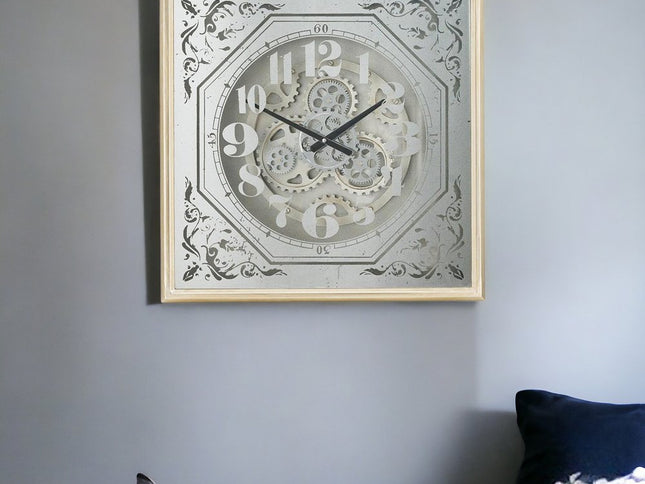 24" Square Gold and Silver Wood and Mirror Exposed Gear Wall Clock