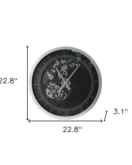 23" Circle Black and Silver Wood and Glass Analog Wall Clock