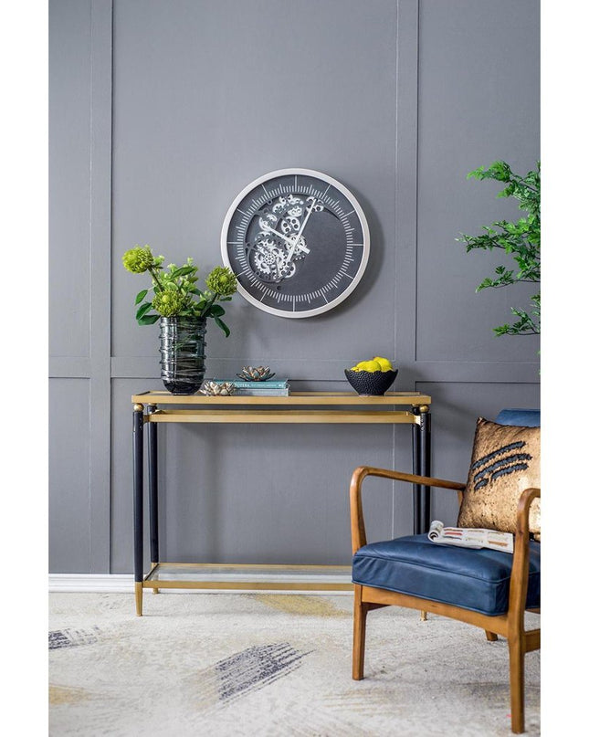 23" Circle Black and Silver Wood and Glass Analog Wall Clock