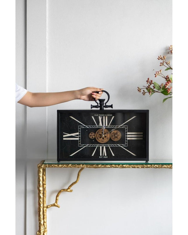 13" Black and Gold Metal and Glass Analog Vintage Style Crackle Wall Clock