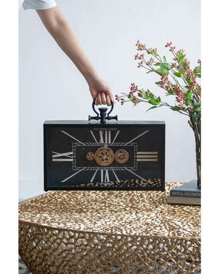 13" Black and Gold Metal and Glass Analog Vintage Style Crackle Wall Clock