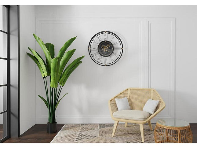 32" Circle Black and Gold Metal and Glass Analog Exposed Gear Wall Clock