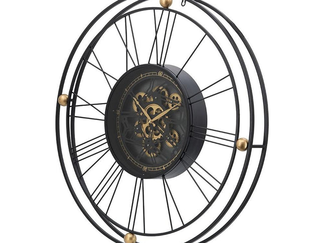 32" Circle Black and Gold Metal and Glass Analog Exposed Gear Wall Clock