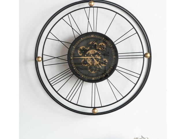 32" Circle Black and Gold Metal and Glass Analog Exposed Gear Wall Clock