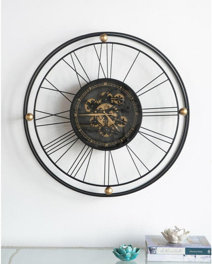 32" Circle Black and Gold Metal and Glass Analog Exposed Gear Wall Clock
