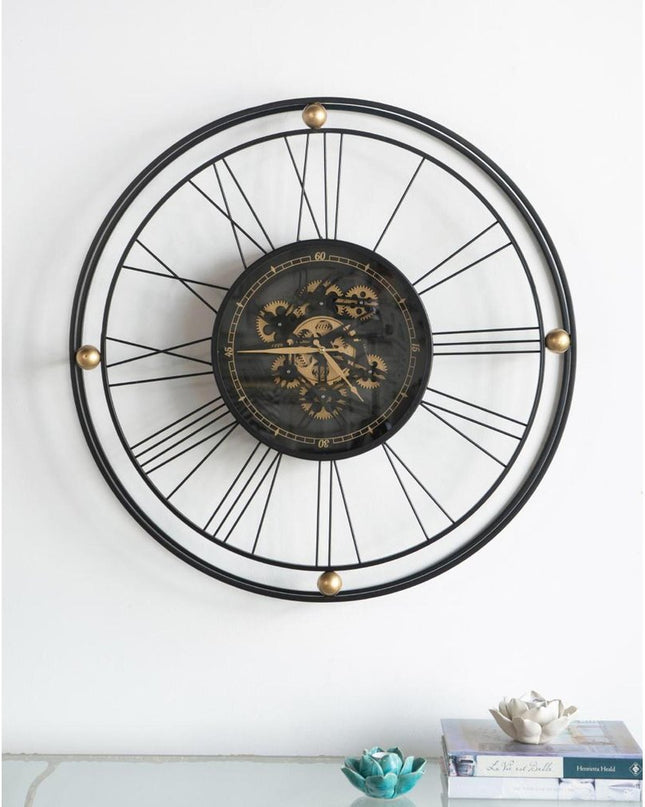 32" Circle Black and Gold Metal and Glass Analog Exposed Gear Wall Clock