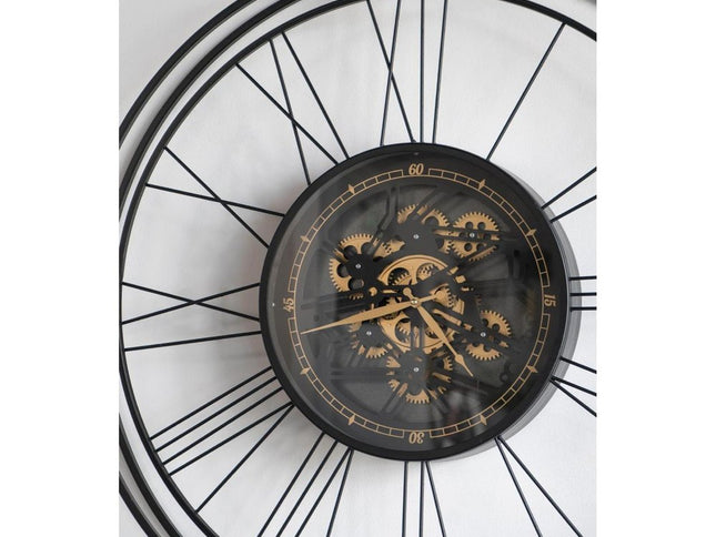 32" Circle Black and Gold Metal and Glass Analog Exposed Gear Wall Clock