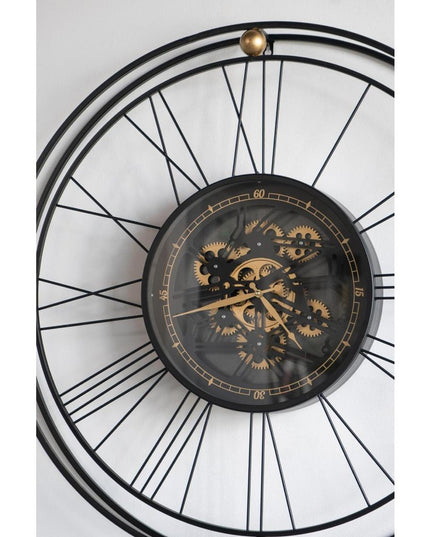 32" Circle Black and Gold Metal and Glass Analog Exposed Gear Wall Clock