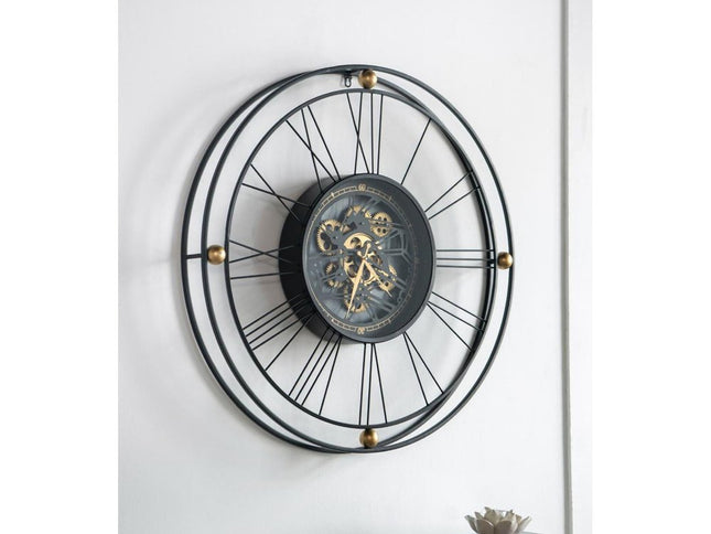 32" Circle Black and Gold Metal and Glass Analog Exposed Gear Wall Clock